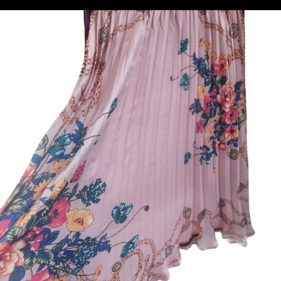 Dalia Macphee Pink Floral Lace Chains Pleated Midi Dress Size M New - Picture 4 of 9